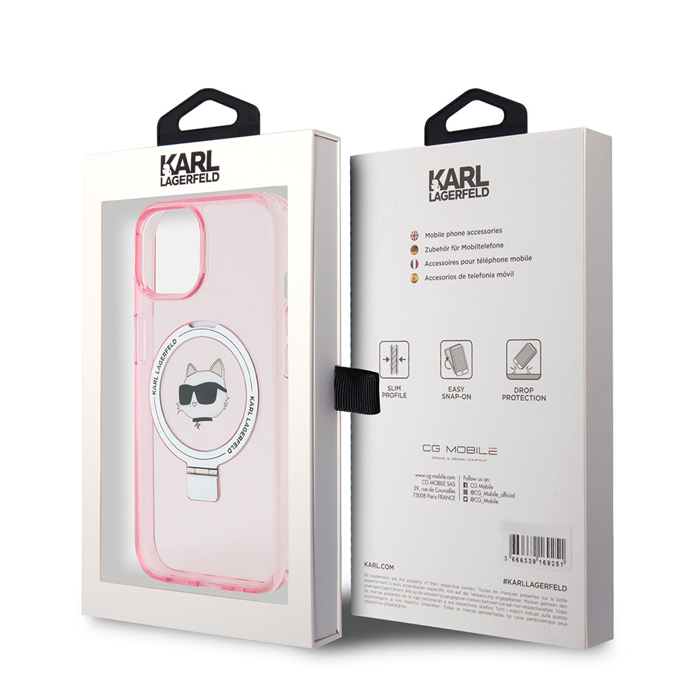 MagSafe Case for Apple iPhone 15, Karl Lagerfeld, Ring Stand Choupette's Head, Pink