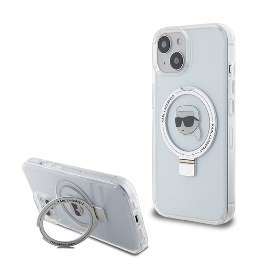 Custodia MagSafe per Apple iPhone 15, Karl Lagerfeld, Ring Stand Karl's Head, Bianca