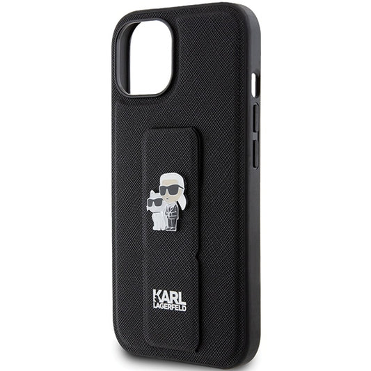 Custodia MagSafe per Apple iPhone 15, Karl Lagerfeld, Saffiano Gripstand Karl & Choupette, Nera