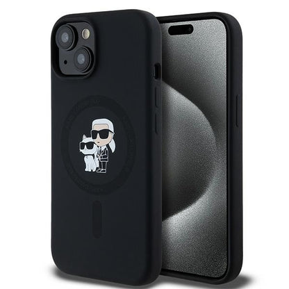 Custodia MagSafe per Apple iPhone 15, Karl Lagerfeld, Silicone Karl & Choupette, Nera