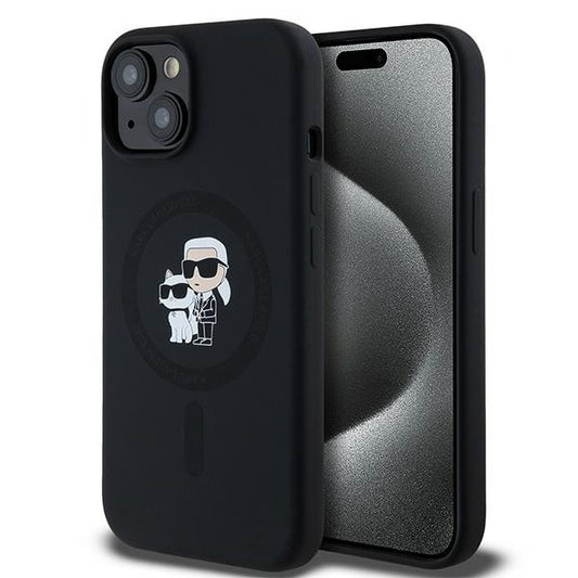 Custodia MagSafe per Apple iPhone 15, Karl Lagerfeld, Silicone Karl & Choupette, Nera