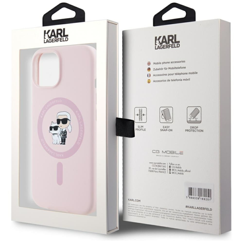 Custodia MagSafe per Apple iPhone 15, Karl Lagerfeld, Silicone Karl & Choupette, Rosa