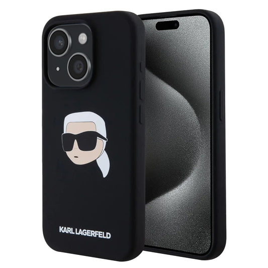 Custodia MagSafe per Apple iPhone 15, Karl Lagerfeld, Silicone Karl's Head, Nera