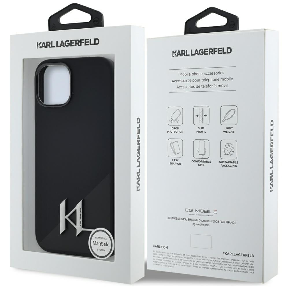 Custodia MagSafe per Apple iPhone 15, Karl Lagerfeld, Silicone Shadow Metal Initial, Nera