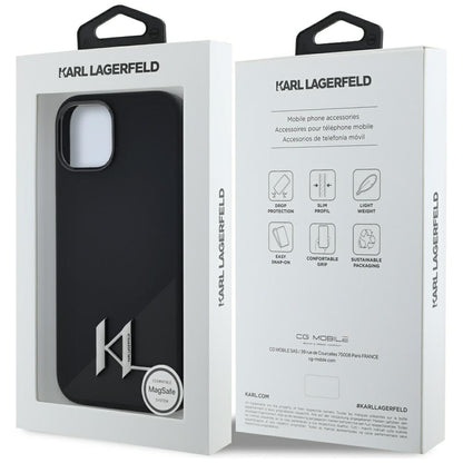 Custodia MagSafe per Apple iPhone 15, Karl Lagerfeld, Silicone Shadow Metal Initial, Nera