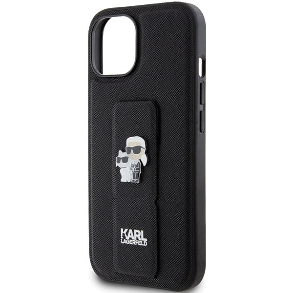Custodia MagSafe per Apple iPhone 15 Plus / 14 Plus, Karl Lagerfeld, Saffiano Gripstand Karl & Choupette, Nera