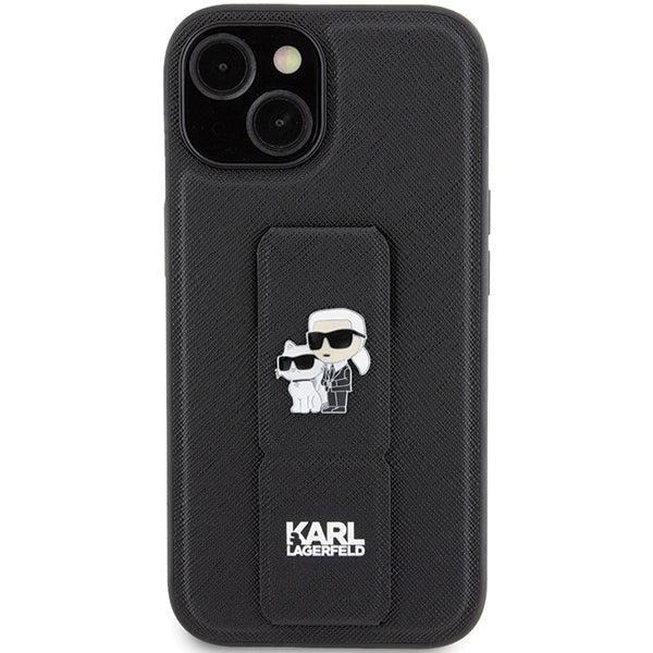 Custodia MagSafe per Apple iPhone 15 Plus / 14 Plus, Karl Lagerfeld, Saffiano Gripstand Karl & Choupette, Nera