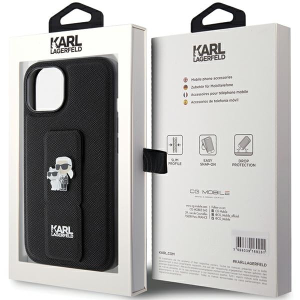 Custodia MagSafe per Apple iPhone 15 Plus / 14 Plus, Karl Lagerfeld, Saffiano Gripstand Karl & Choupette, Nera