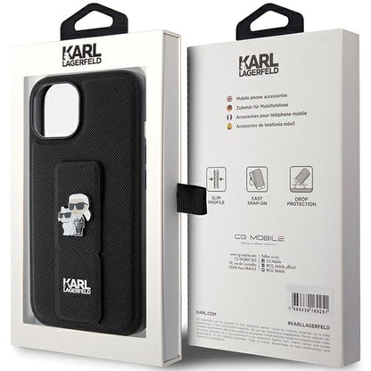 Custodia MagSafe per Apple iPhone 15 Plus / 14 Plus, Karl Lagerfeld, Saffiano Gripstand Karl & Choupette, Nera