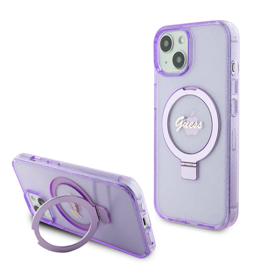 Custodia MagSafe per Apple iPhone 15 Plus, Guess, Ring Stand Script Glitter, Viola
