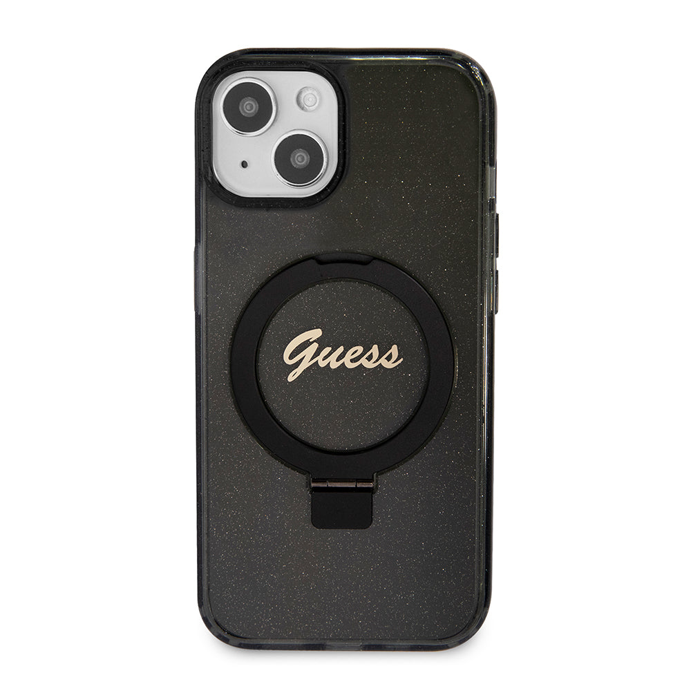Custodia MagSafe per Apple iPhone 15 Plus, Guess, Ring Stand Script Glitter, Nera