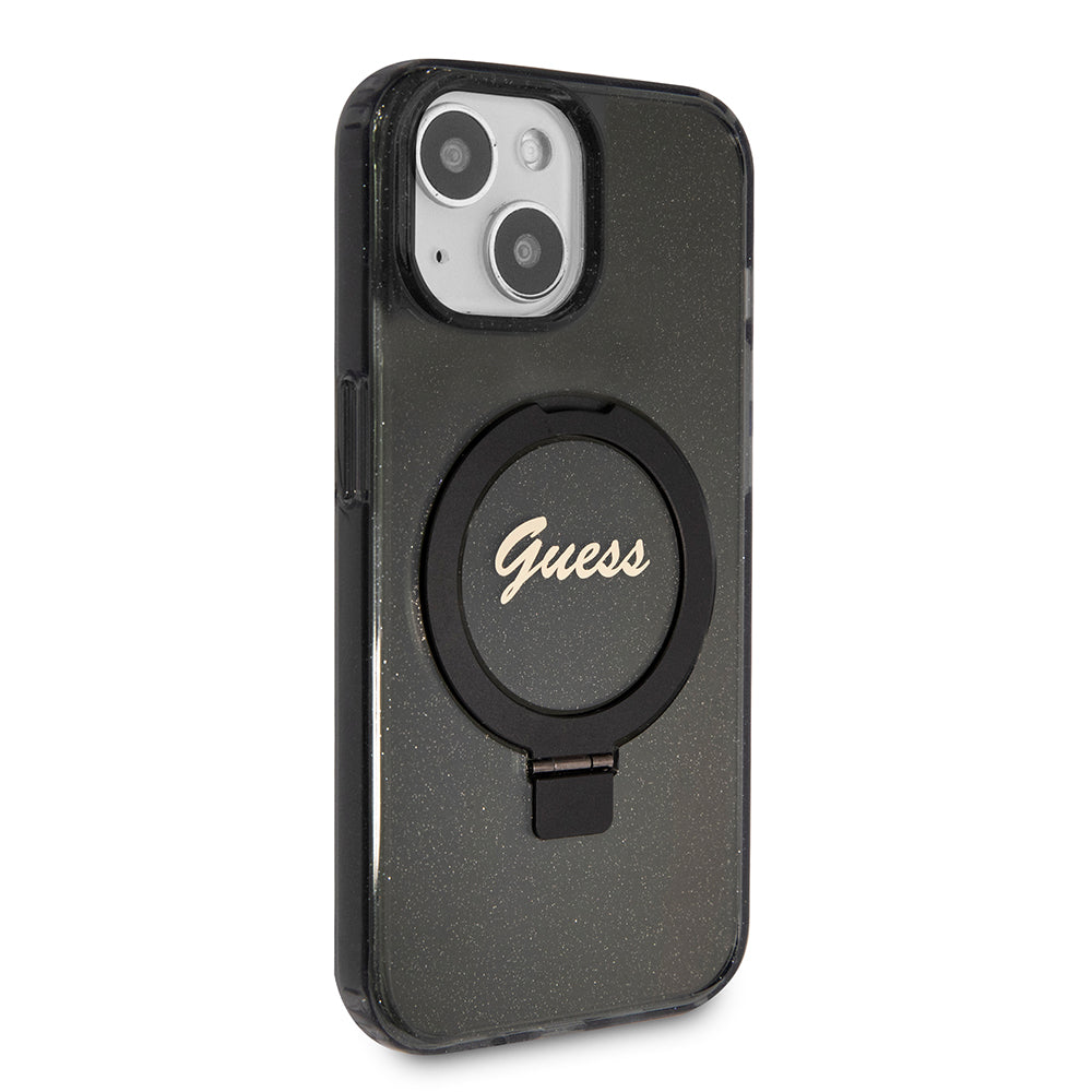 Custodia MagSafe per Apple iPhone 15 Plus, Guess, Ring Stand Script Glitter, Nera