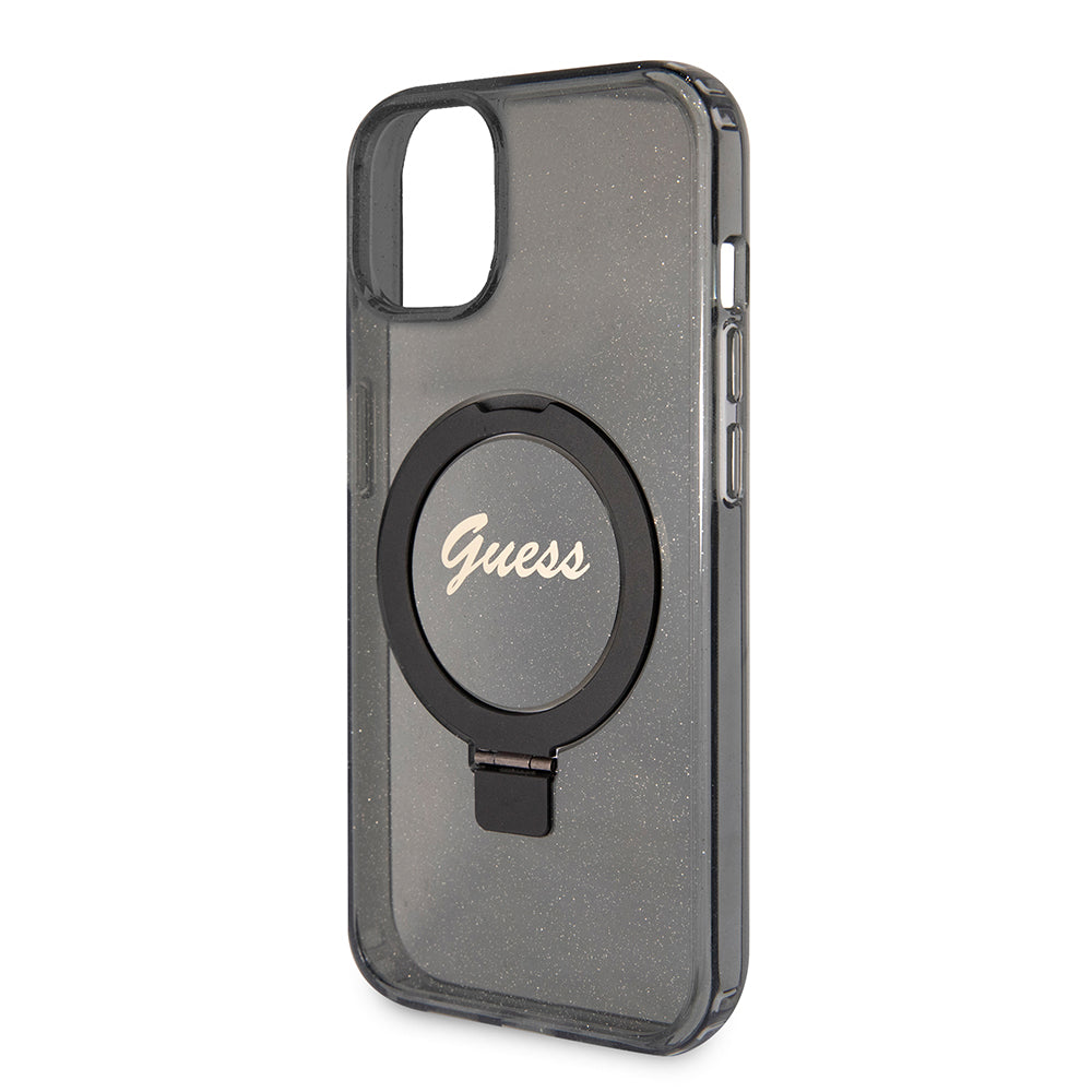 Custodia MagSafe per Apple iPhone 15 Plus, Guess, Ring Stand Script Glitter, Nera