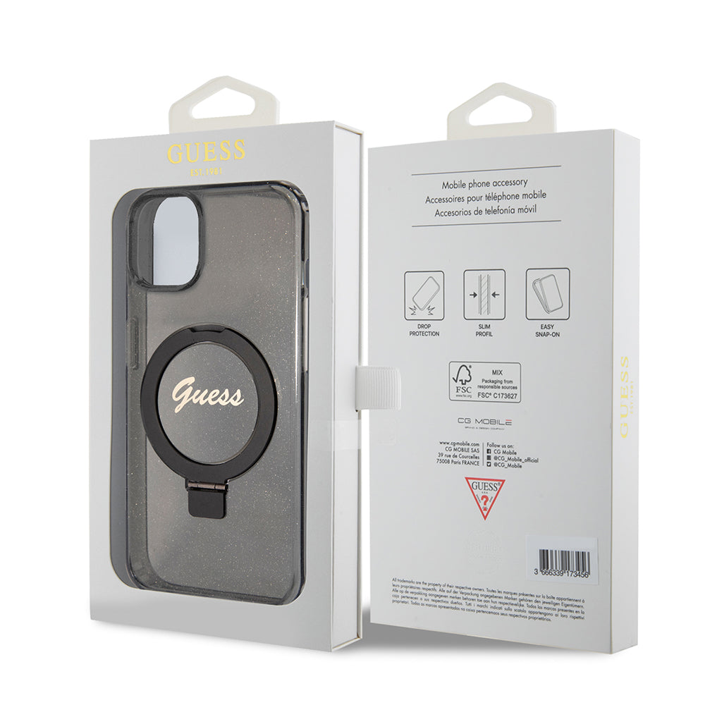 Custodia MagSafe per Apple iPhone 15 Plus, Guess, Ring Stand Script Glitter, Nera