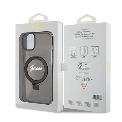 Custodia MagSafe per Apple iPhone 15 Plus, Guess, Ring Stand Script Glitter, Nera