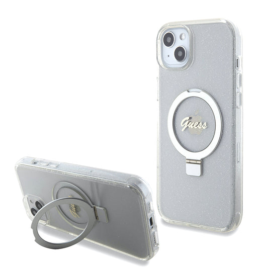 Custodia MagSafe per Apple iPhone 15 Plus, Guess, Ring Stand Script Glitter, Trasparente