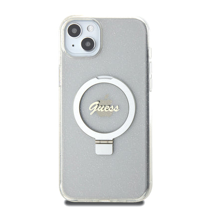 Custodia MagSafe per Apple iPhone 15 Plus, Guess, Ring Stand Script Glitter, Trasparente