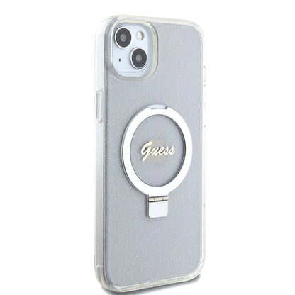 Custodia MagSafe per Apple iPhone 15 Plus, Guess, Ring Stand Script Glitter, Trasparente