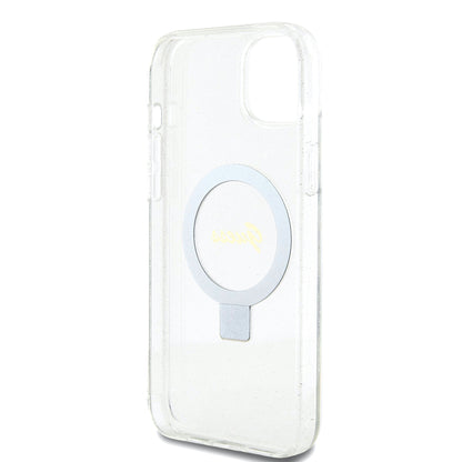 Custodia MagSafe per Apple iPhone 15 Plus, Guess, Ring Stand Script Glitter, Trasparente