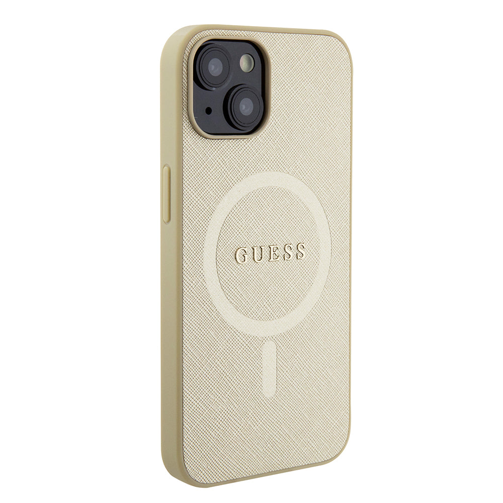 Custodia MagSafe per Apple iPhone 15 Plus, Guess, Saffiano, Dorata