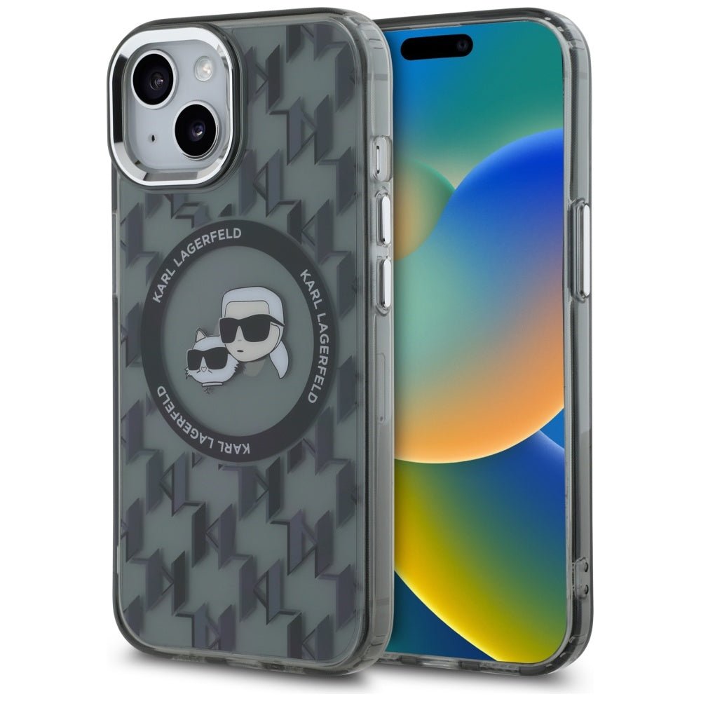 Custodia MagSafe per Apple iPhone 15 Plus, Karl Lagerfeld, IML Monogramma Karl & Choupette's Heads, Nera