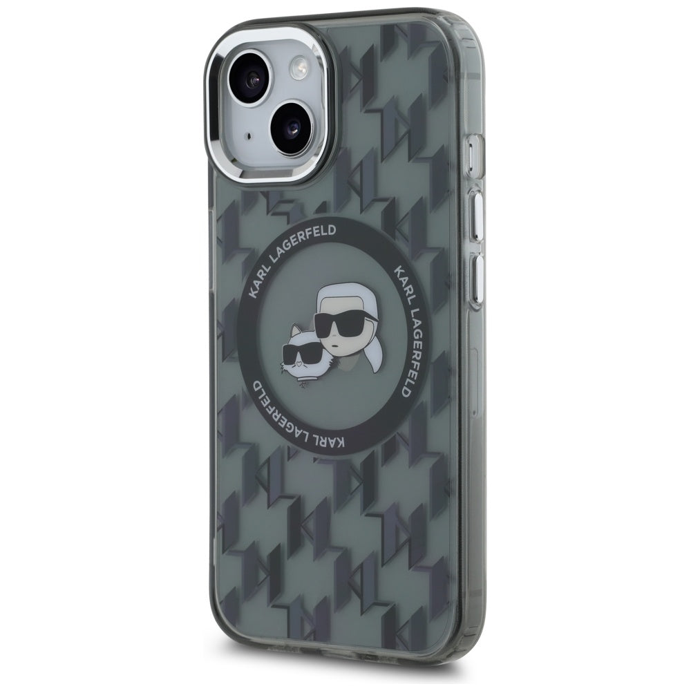 Custodia MagSafe per Apple iPhone 15 Plus, Karl Lagerfeld, IML Monogramma Karl & Choupette's Heads, Nera