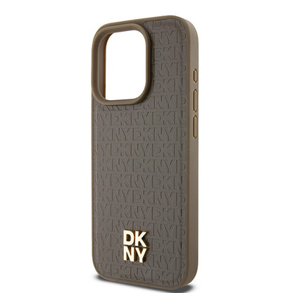 Custodia MagSafe per Apple iPhone 15 Pro, DKNY, Logo Metallico a Monogramma, Marrone