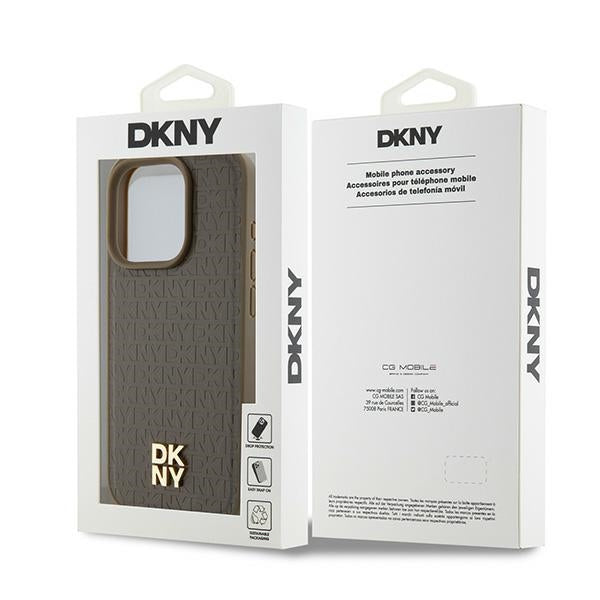 Custodia MagSafe per Apple iPhone 15 Pro, DKNY, Logo Metallico a Monogramma, Marrone