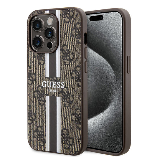 Custodia MagSafe per Apple iPhone 15 Pro, Guess, 4G Printed Stripes, Marrone