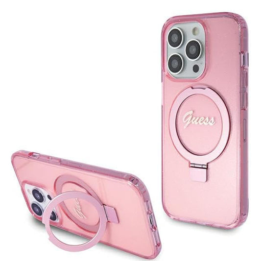 Custodia MagSafe per Apple iPhone 15 Pro, Guess, IML Ring Stand Glitter, Rosa