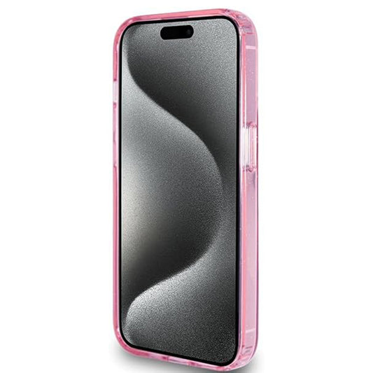 Custodia MagSafe per Apple iPhone 15 Pro, Guess, IML Ring Stand Glitter, Rosa
