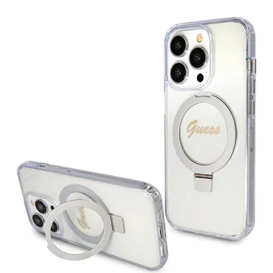 Custodia MagSafe per Apple iPhone 15 Pro, Guess, IML Ring Stand Glitter, Trasparente