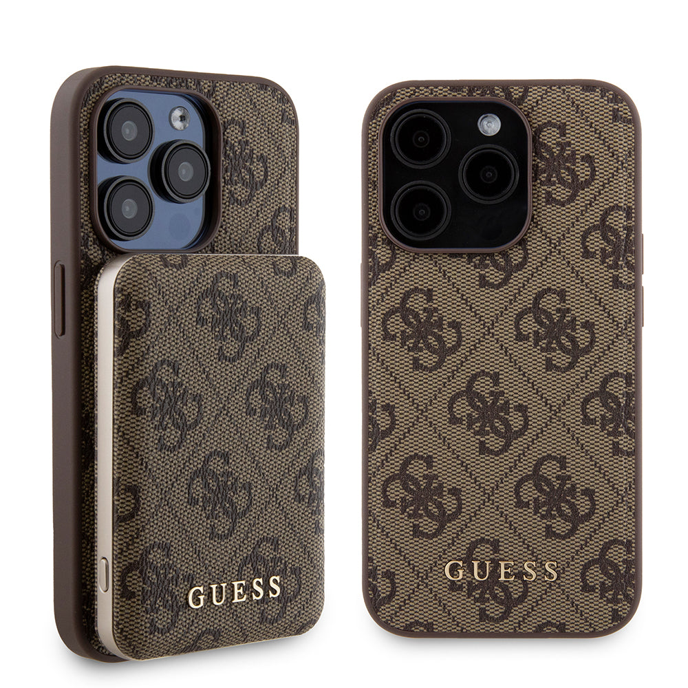 Custodia MagSafe per Apple iPhone 15 Pro, Guess, Powerbank 4G Metal Logo, Marrone