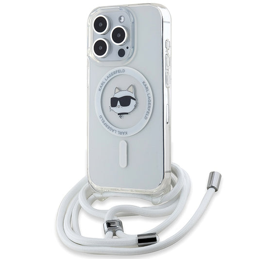 Custodia MagSafe per Apple iPhone 15 Pro, Karl Lagerfeld, IML Crossbody Choupette's Head con Tracolla, Trasparente