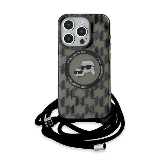 Custodia MagSafe per Apple iPhone 15 Pro, Karl Lagerfeld, IML Crossbody Monogram Karl & Choupette's Heads, Nera