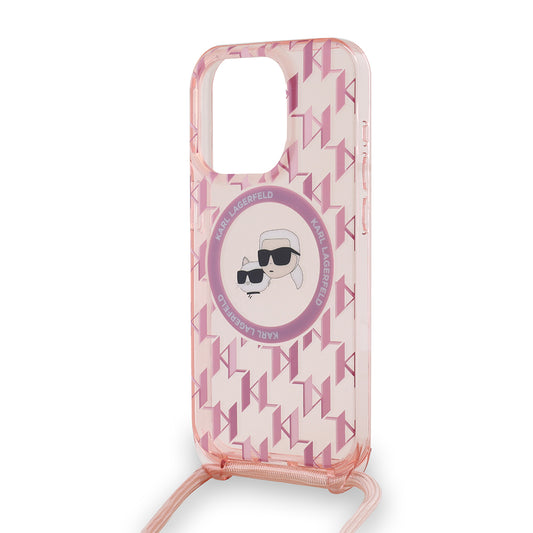 Custodia MagSafe per Apple iPhone 15 Pro, Karl Lagerfeld, IML Crossbody Monogramma Karl & Choupette's Heads, Rosa
