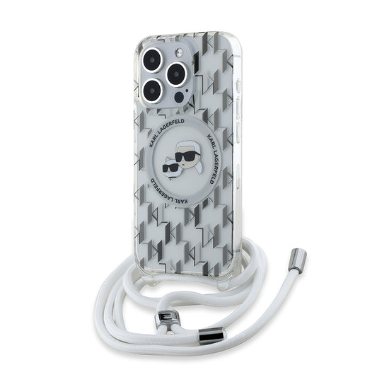 Custodia MagSafe per Apple iPhone 15 Pro, Karl Lagerfeld, IML Crossbody Monogram Karl & Choupette's Heads, Trasparente