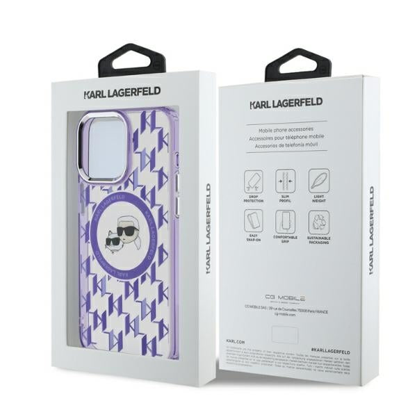 Custodia MagSafe per Apple iPhone 15 Pro, Karl Lagerfeld, IML Monogramma Karl & Choupette's Heads, Viola