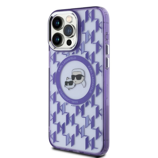 Custodia MagSafe per Apple iPhone 15 Pro, Karl Lagerfeld, IML Monogramma Karl & Choupette's Heads, Viola