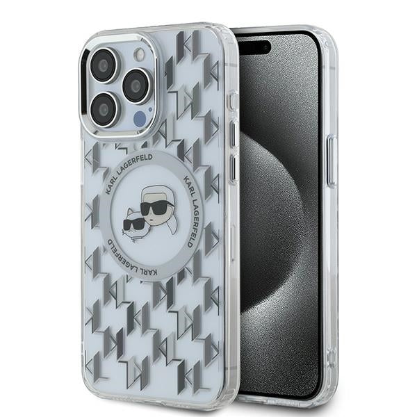 Custodia MagSafe per Apple iPhone 15 Pro, Karl Lagerfeld, IML Monogramma Karl & Choupette's Heads, Trasparente