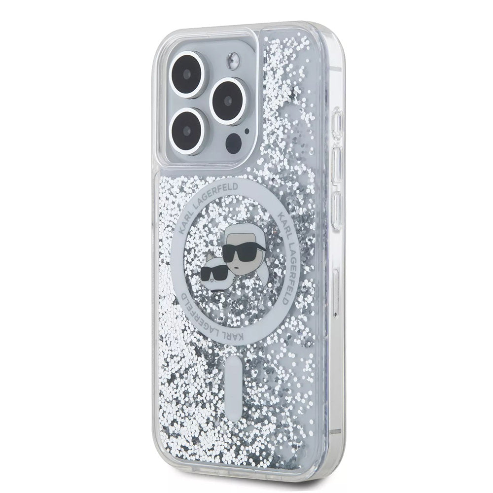 Custodia MagSafe per Apple iPhone 15 Pro, Karl Lagerfeld, Liquid Glitter Karl & Choupette's Heads, Trasparente