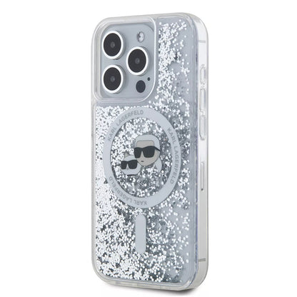 Custodia MagSafe per Apple iPhone 15 Pro, Karl Lagerfeld, Liquid Glitter Karl & Choupette's Heads, Trasparente