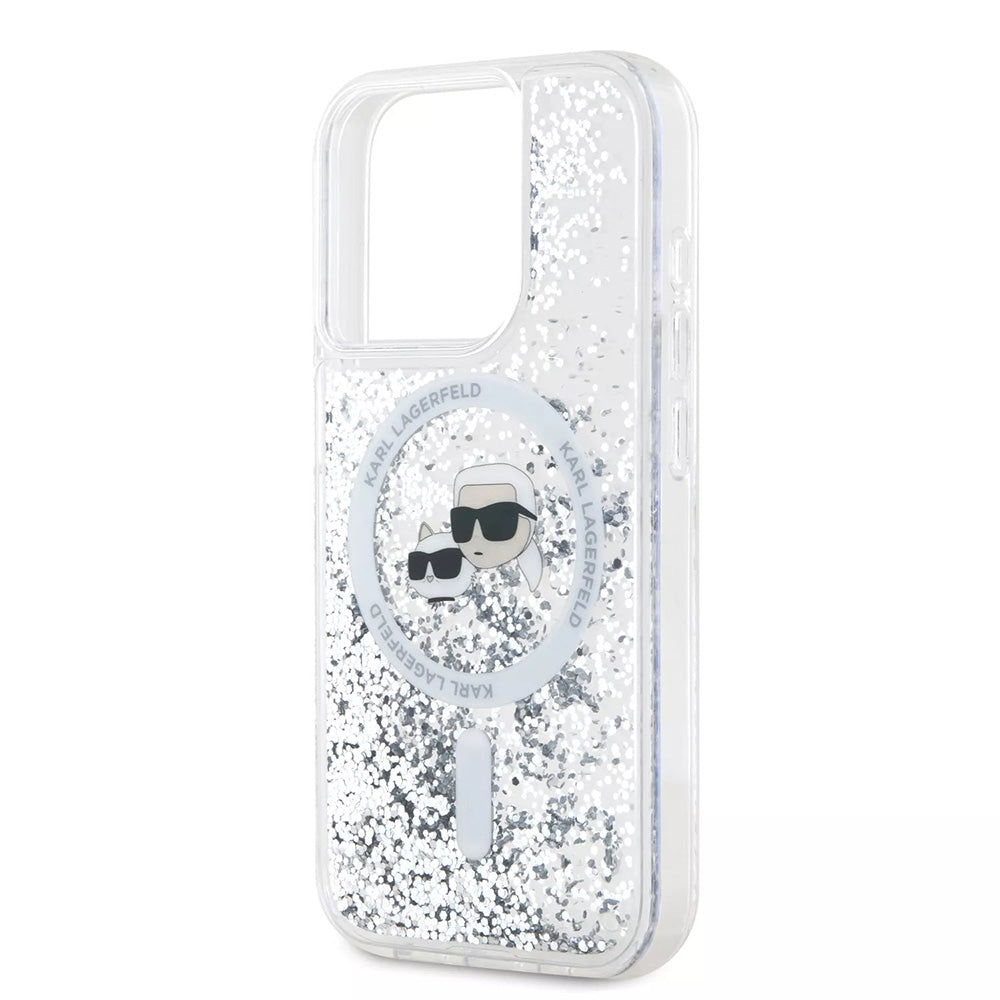Custodia MagSafe per Apple iPhone 15 Pro, Karl Lagerfeld, Liquid Glitter Karl & Choupette's Heads, Trasparente