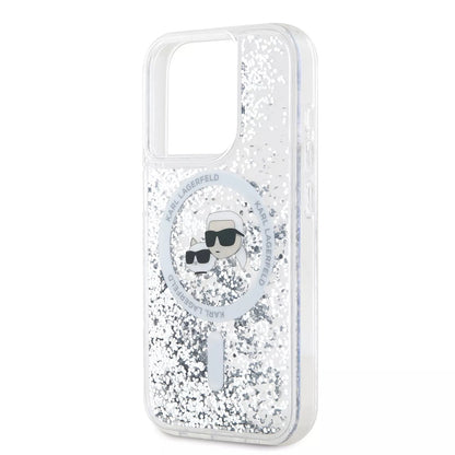 Custodia MagSafe per Apple iPhone 15 Pro, Karl Lagerfeld, Liquid Glitter Karl & Choupette's Heads, Trasparente