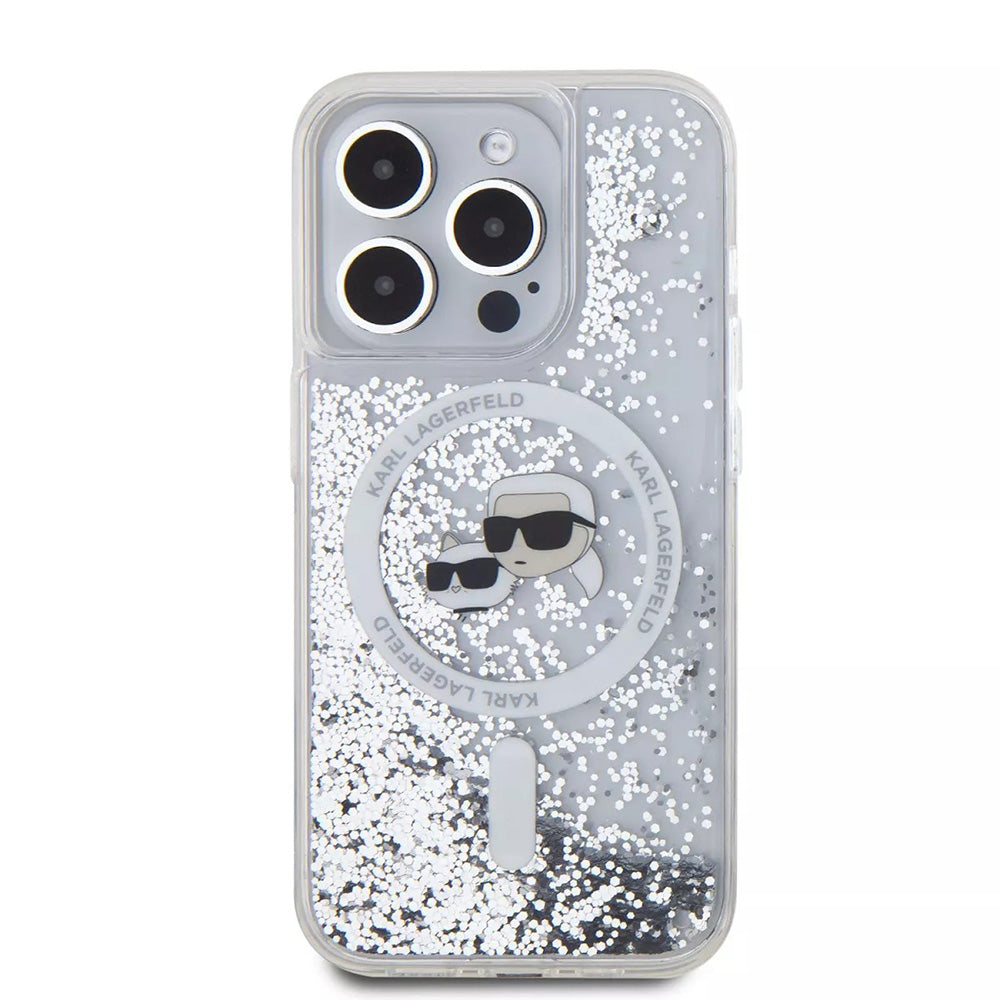 Custodia MagSafe per Apple iPhone 15 Pro, Karl Lagerfeld, Liquid Glitter Karl & Choupette's Heads, Trasparente