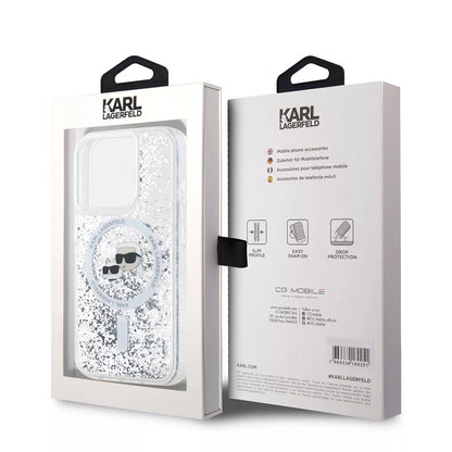 Custodia MagSafe per Apple iPhone 15 Pro, Karl Lagerfeld, Liquid Glitter Karl & Choupette's Heads, Trasparente
