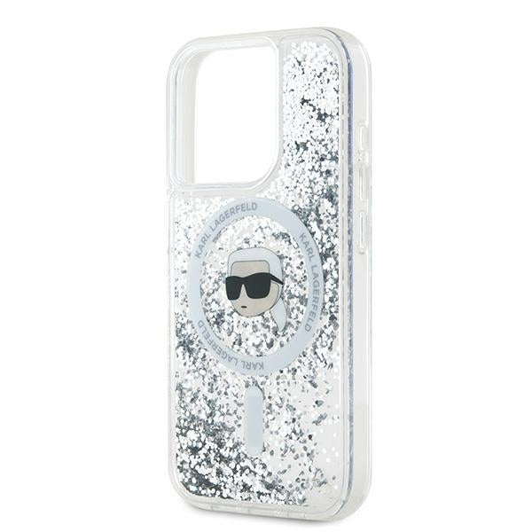 MagSafe Case for Apple iPhone 15 Pro, Karl Lagerfeld, Liquid Glitter Karl's Head, Transparent