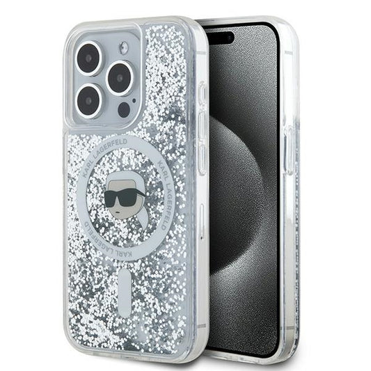 Custodia MagSafe per Apple iPhone 15 Pro, Karl Lagerfeld, Liquid Glitter Karl's Head, Trasparente