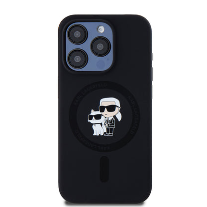 Custodia MagSafe per Apple iPhone 15 Pro, Karl Lagerfeld, Silicone Karl & Choupette, Nera