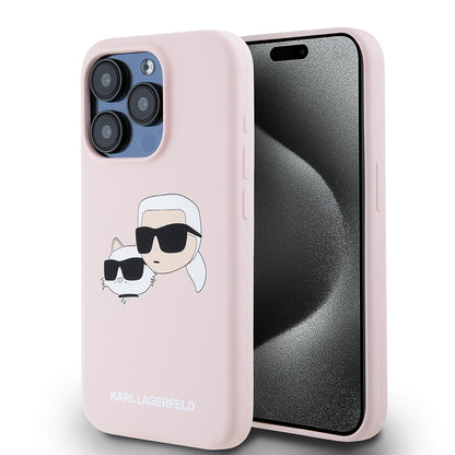 Custodia MagSafe per Apple iPhone 15 Pro, Karl Lagerfeld, Silicone Karl & Choupette's Heads, Rosa